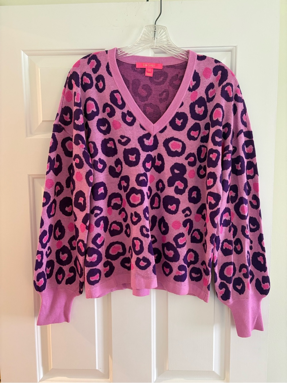 Lilly Pulitzer Pink and Purple Leopard V-Neck Sweater (size M)